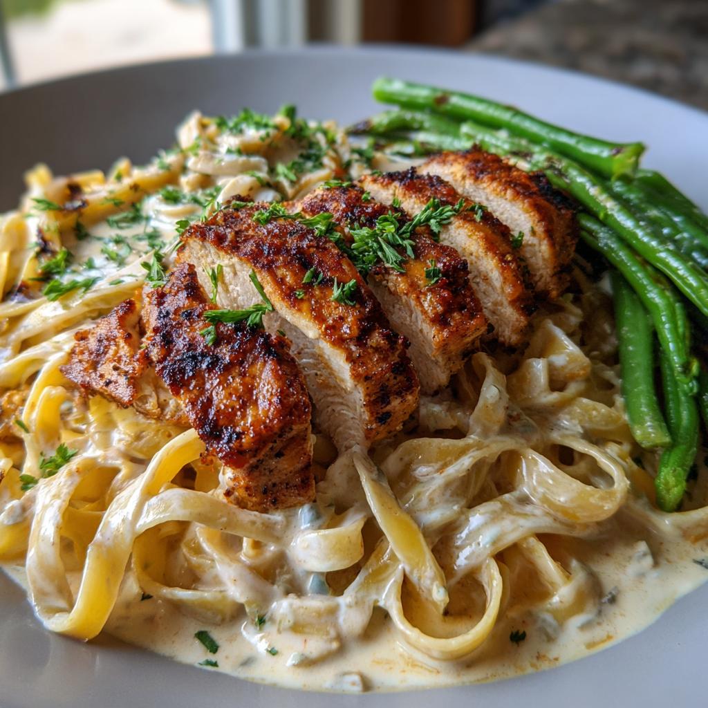 Smoky Paprika Chicken Alfredo with Lemon Feta Cream and Grilled Green Beans