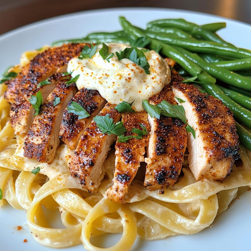 Smoky Paprika Chicken Alfredo with Lemon Feta Whip & Charred Green Beans