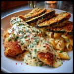 Spicy Whipped Feta Chicken Alfredo with Crispy Eggplant Wedges