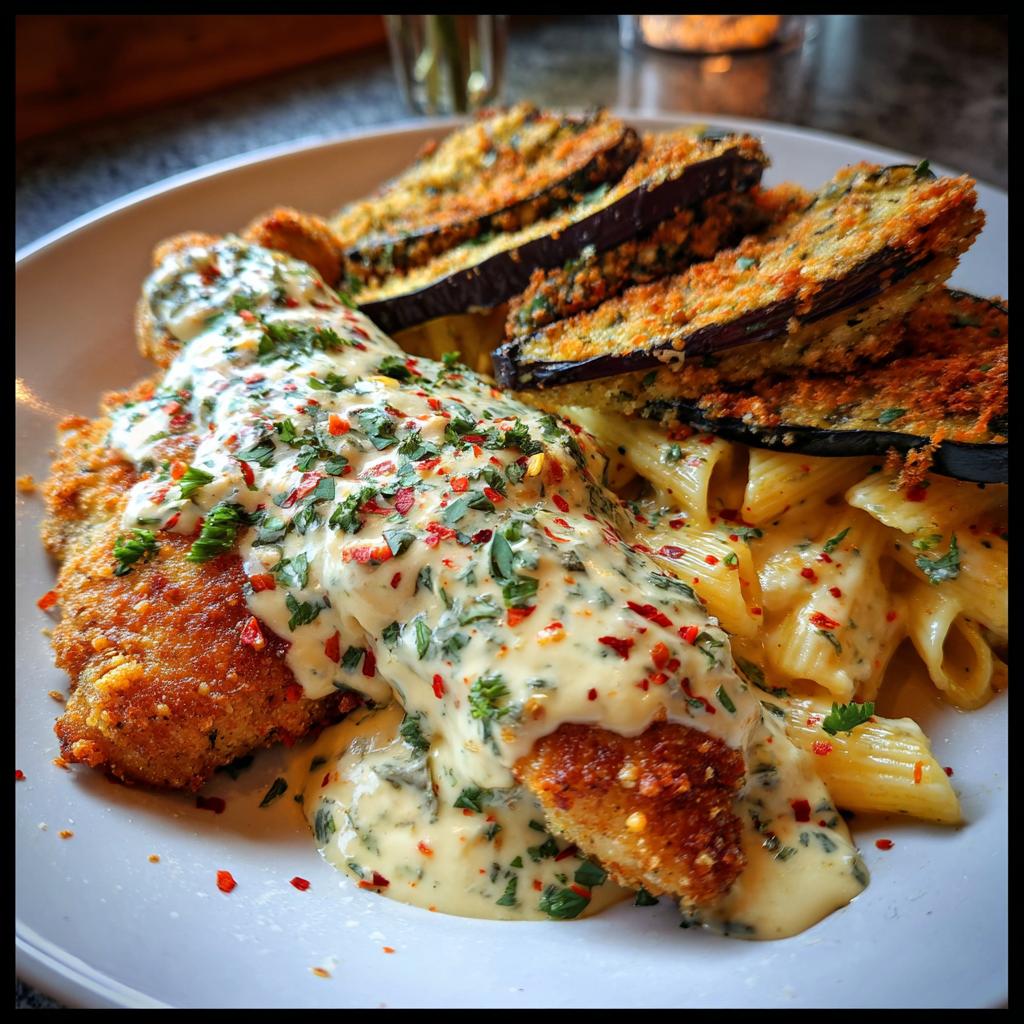 Spicy Whipped Feta Chicken Alfredo with Crispy Eggplant Wedges