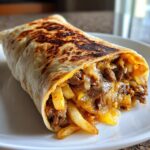 Steak Cheese Dirty Fry Burritos featuring a tightly rolled flour tortilla stuffed with tender steak strips