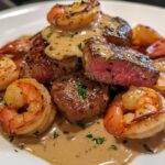Steak and Shrimp Skillet with Creamy Garlic Sauce