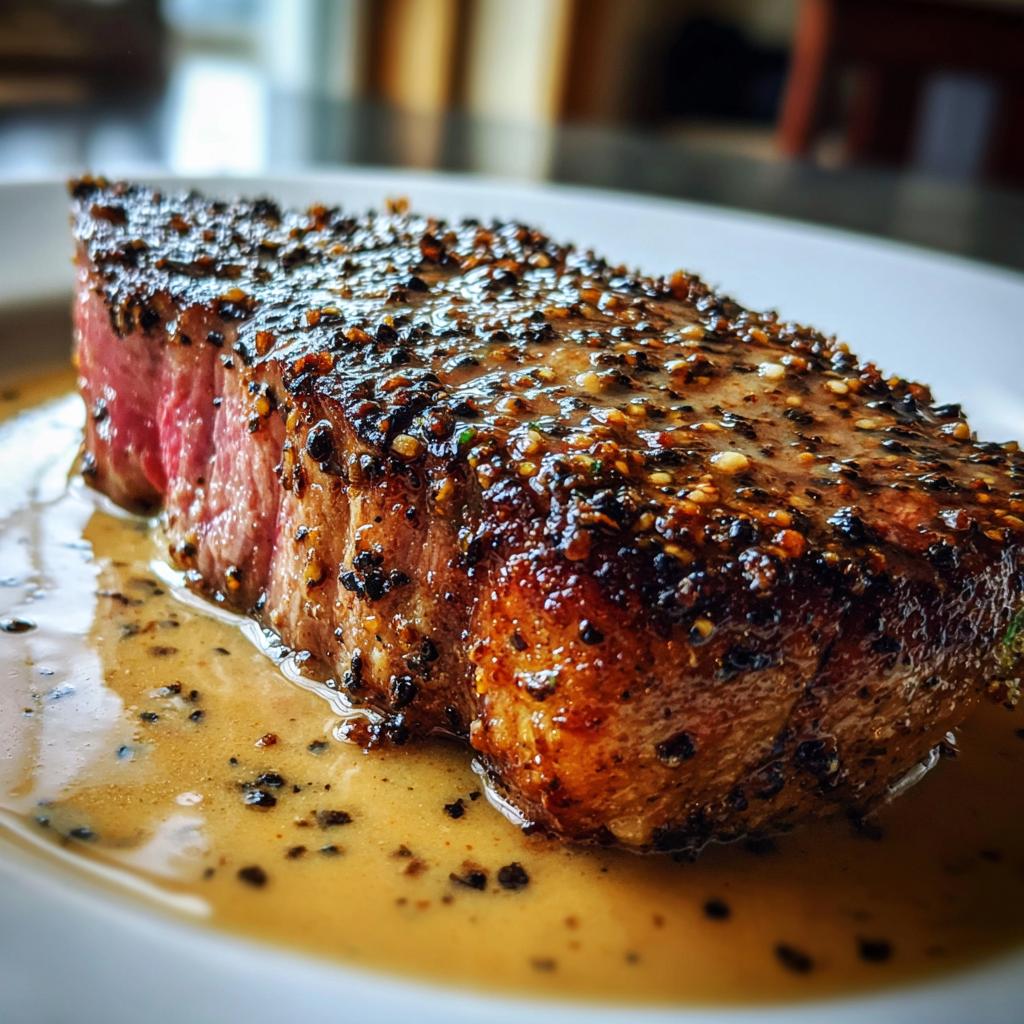 Steak, featuring a perfectly seared sirloin steak coated in a cracked black peppercorn crust, resting in a pool of rich