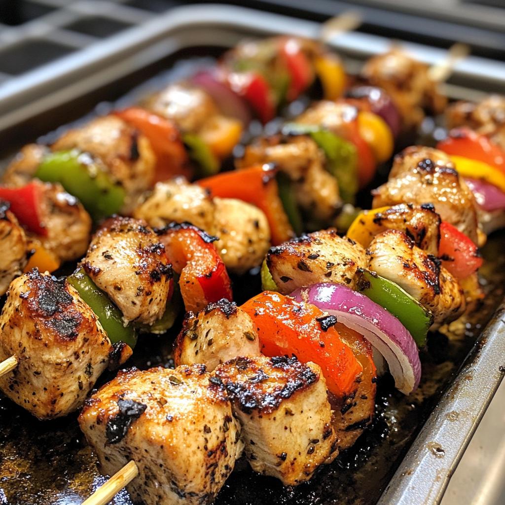Turkish Chicken Kebab featuring succulent grilled chicken cubes threaded on skewers with charred bell peppers and onions