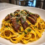 Velveeta Steak Fettuccine with Garlic Butter Cream Sauce