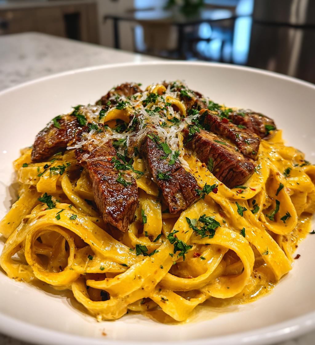 Velveeta Steak Fettuccine with Garlic Butter Cream Sauce