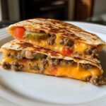 cheeseburger quesadilla with homemade burger sauce