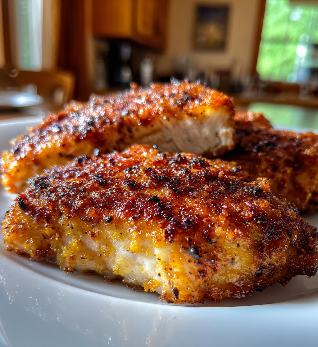 chicken featuring golden-brown pan-fried chicken breast seasoned with garlic powder