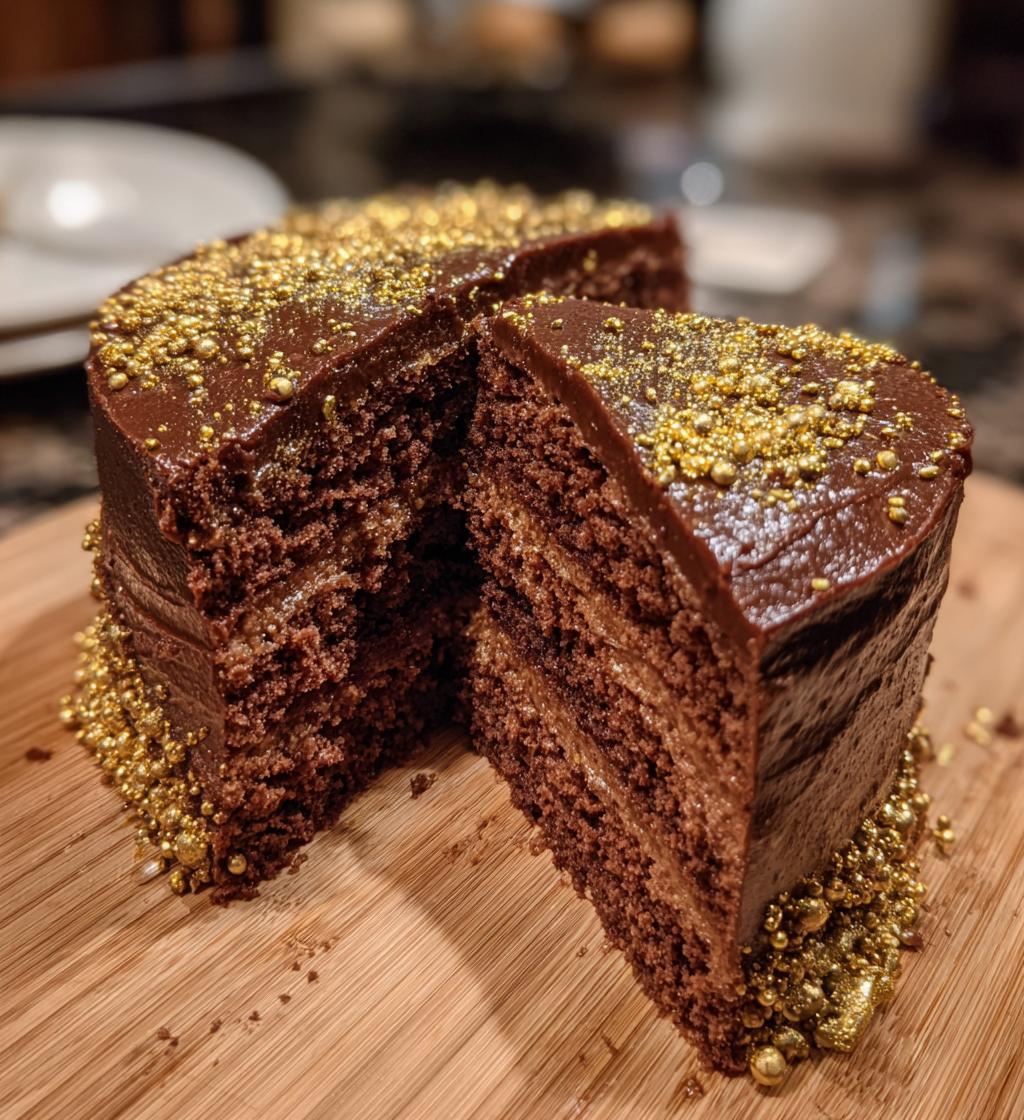 chocolate champagne cake with soft layers and golden sprinkles, displaying a perfectly cut slice to highlight the moist