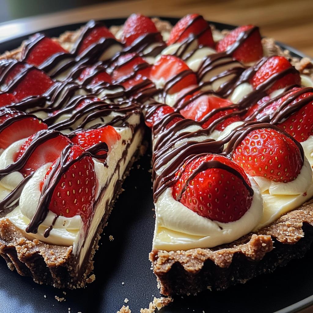 chocolate-covered strawberry tart, featuring a creamy filling and fresh strawberries. The tart is displayed with a slice cut out