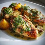 creamy garlic mushroom alfredo chicken potatoes with basil pesto. The image features tender chicken fillets coated in a rich