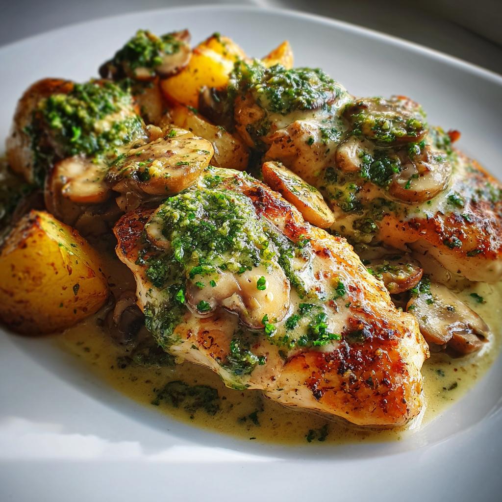 creamy garlic mushroom alfredo chicken potatoes with basil pesto. The image features tender chicken fillets coated in a rich