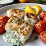 easy grilled cod with roasted tomatoes and creamy dill sauce