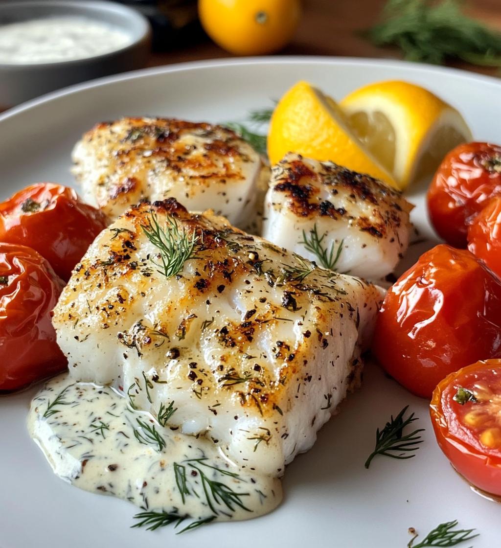 easy grilled cod with roasted tomatoes and creamy dill sauce