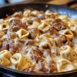 garlic steak cheese filled tortellini skillet