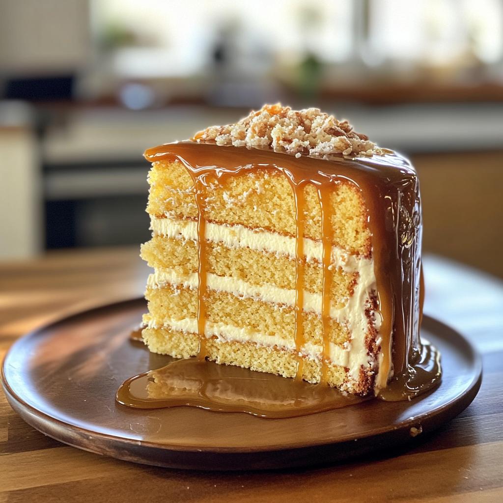 golden caramel drip cake with buttercream and a smooth, rich finish