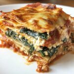 hearty baked Italian vegetable lasagna, showcasing a close-up view of a slice revealing vibrant layers of fresh spinach