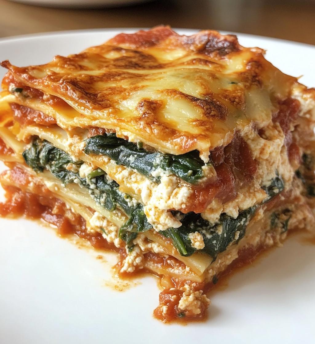 hearty baked Italian vegetable lasagna, showcasing a close-up view of a slice revealing vibrant layers of fresh spinach
