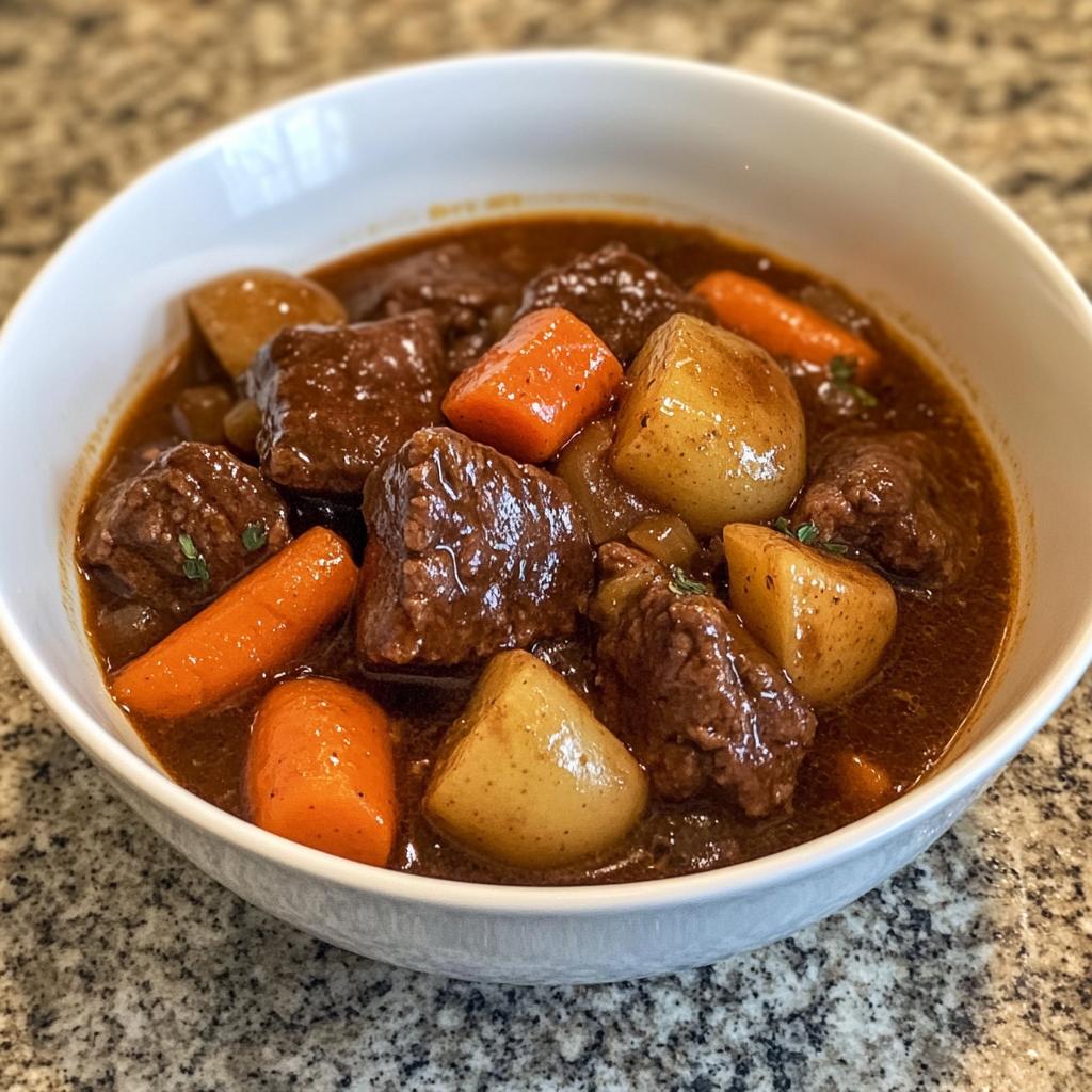 old fashioned beef stew, showcasing tender beef chunks