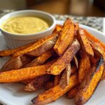 sweet potato fries with honey mustard dip, crispy golden-brown sweet potato fries arranged neatly on a white plate