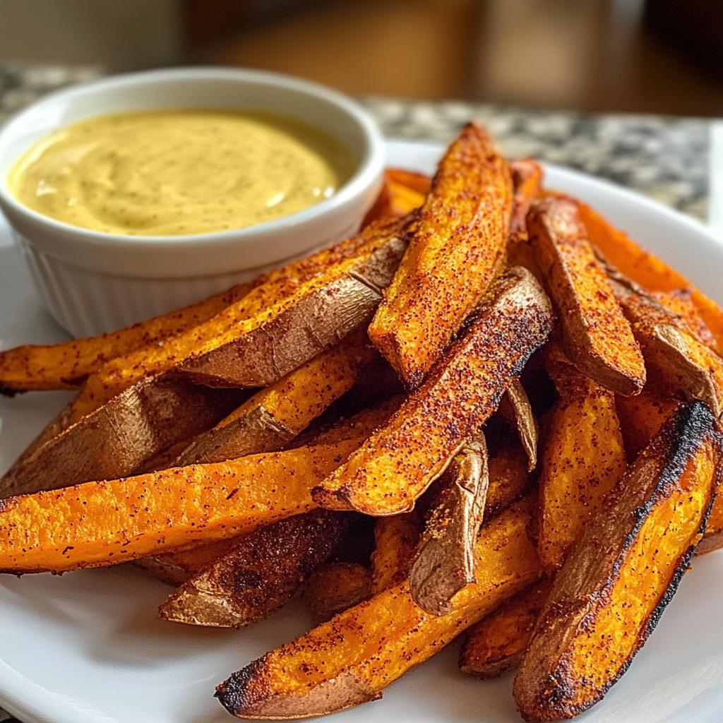 sweet potato fries with honey mustard dip, crispy golden-brown sweet potato fries arranged neatly on a white plate