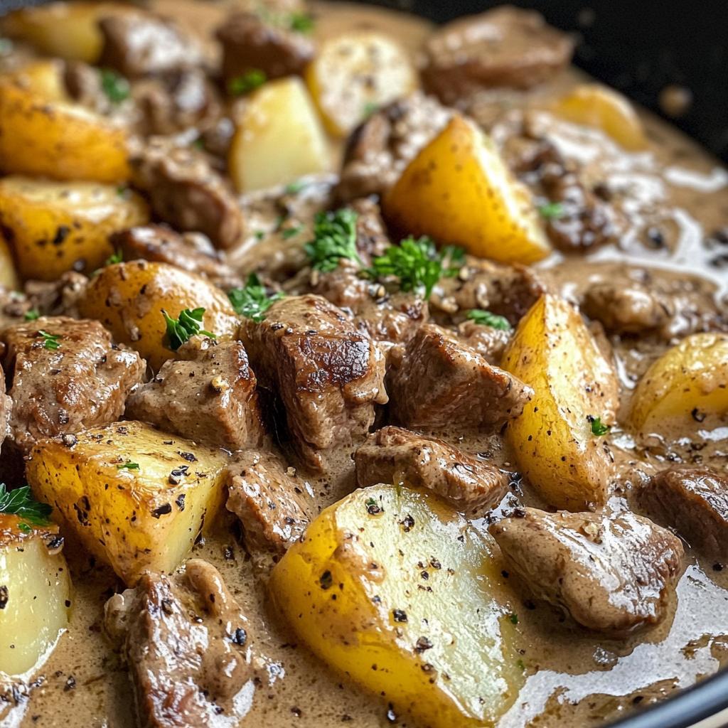 Beef Stroganoff with Crispy Potato Cubes