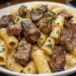 Cajun Steak Tips in Cheesy Rigatoni Parmesan Sauce