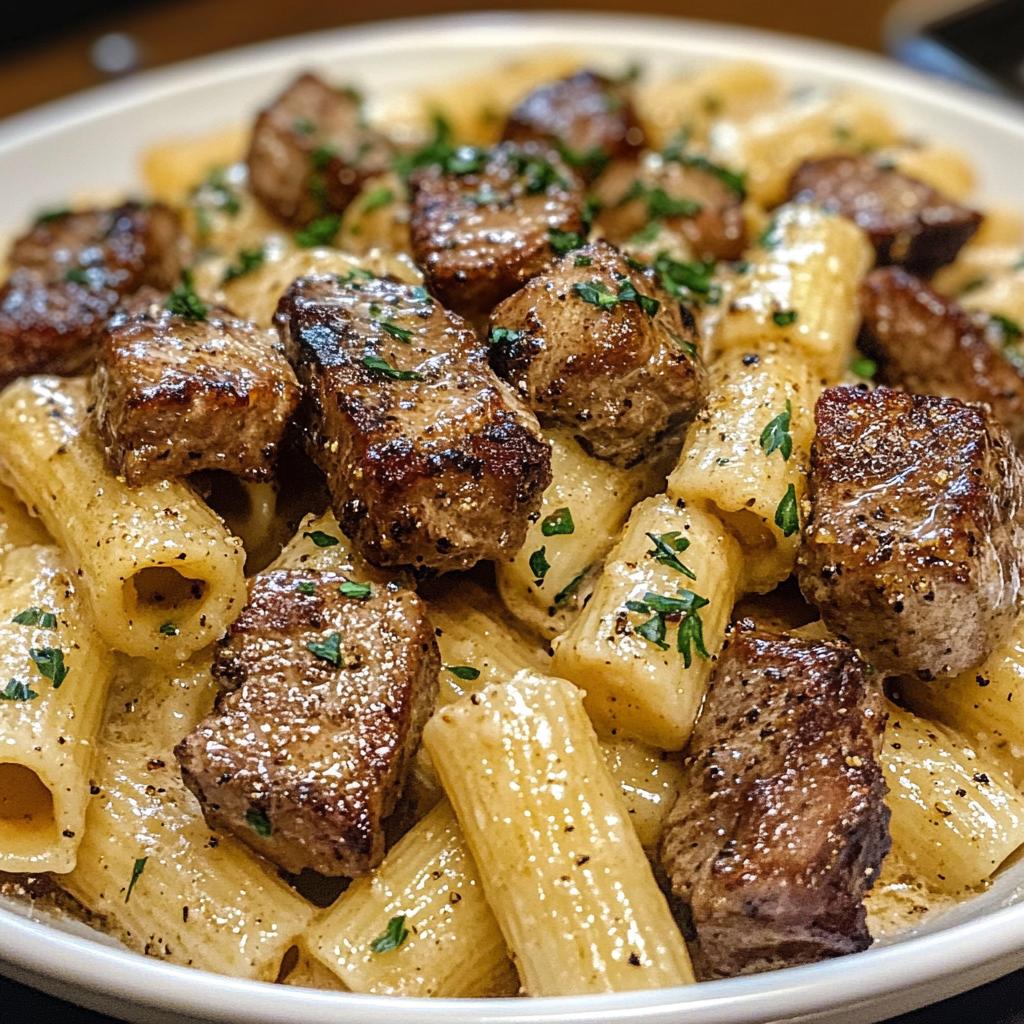 Cajun Steak Tips in Cheesy Rigatoni Parmesan Sauce
