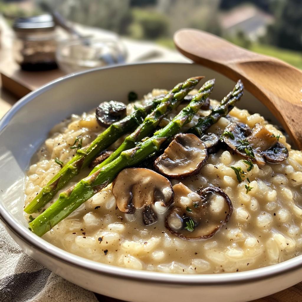 Creamy Mushroom Risotto vegetarian dinner ideas with roasted asparagus