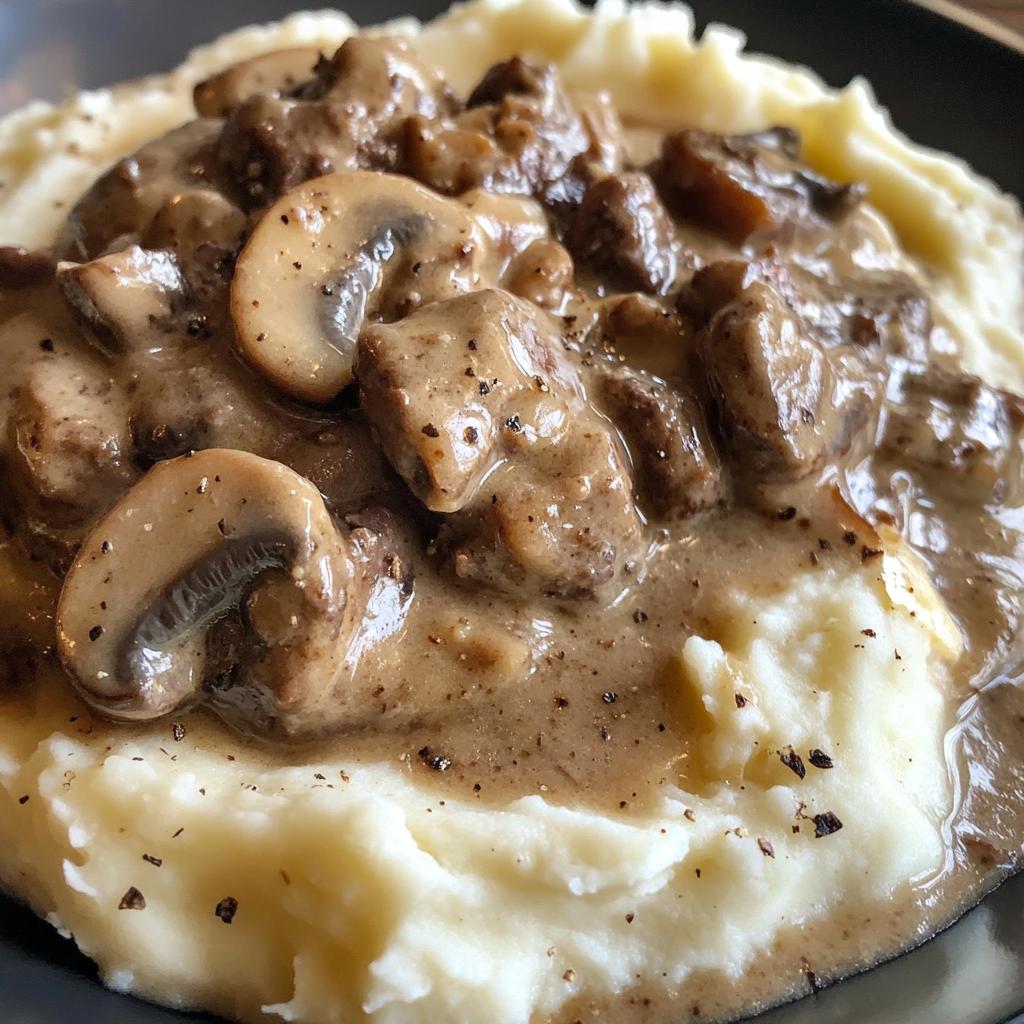 Crockpot Beef Stroganoff with buttery mashed potatoes