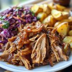 Crockpot Pulled Pork served with coleslaw and baked potato wedges