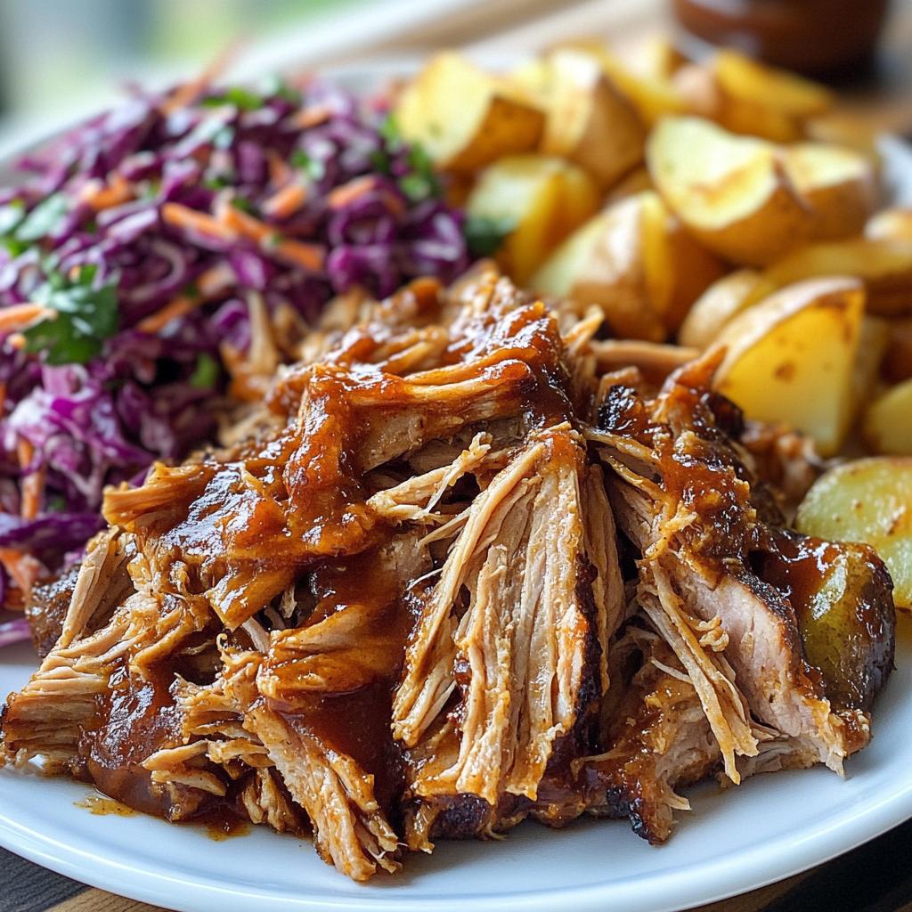Crockpot Pulled Pork served with coleslaw and baked potato wedges