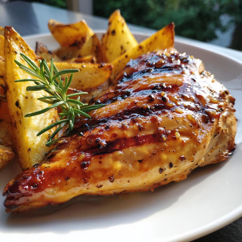 Grilled Chicken with Honey Mustard Sauce easy dinner ideas with seasoned potato wedges