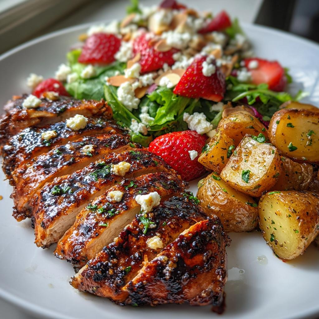 Grilled Chicken with Strawberry Salad light spring meals served with herb roasted potatoes
