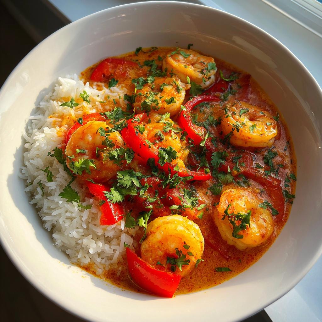 Thai Coconut Curry Shrimp exotic weeknight recipes inspo served with basmati rice