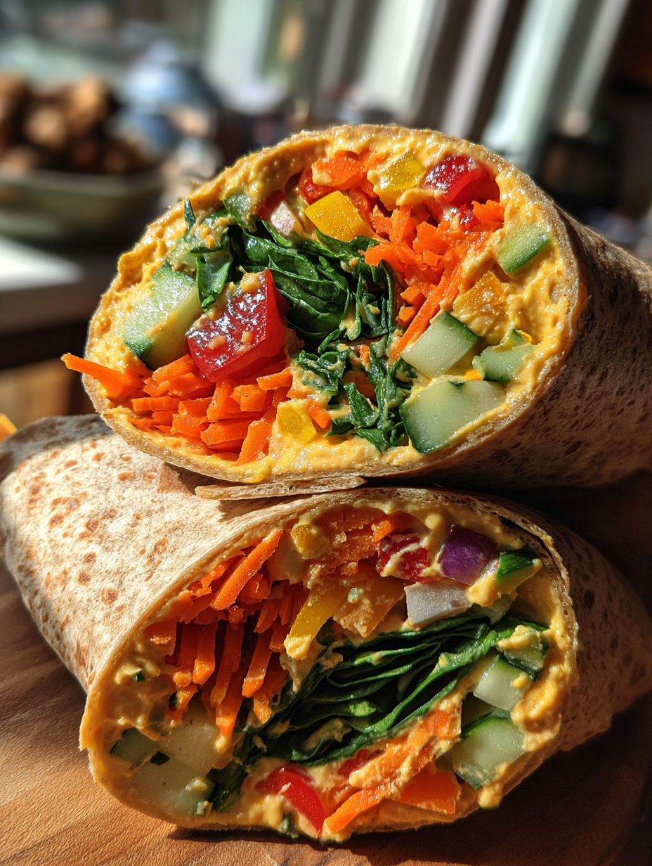 lunch box ideas for kids: easy Rainbow Veggie Wraps with Hummus