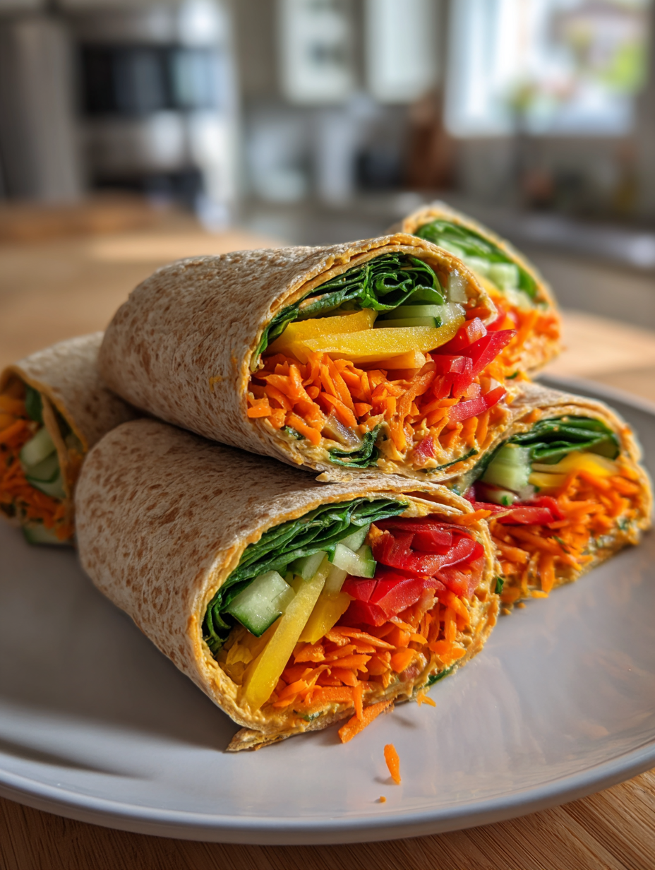 school lunch ideas for kids: Delicious Rainbow Veggie Wraps with Hummus